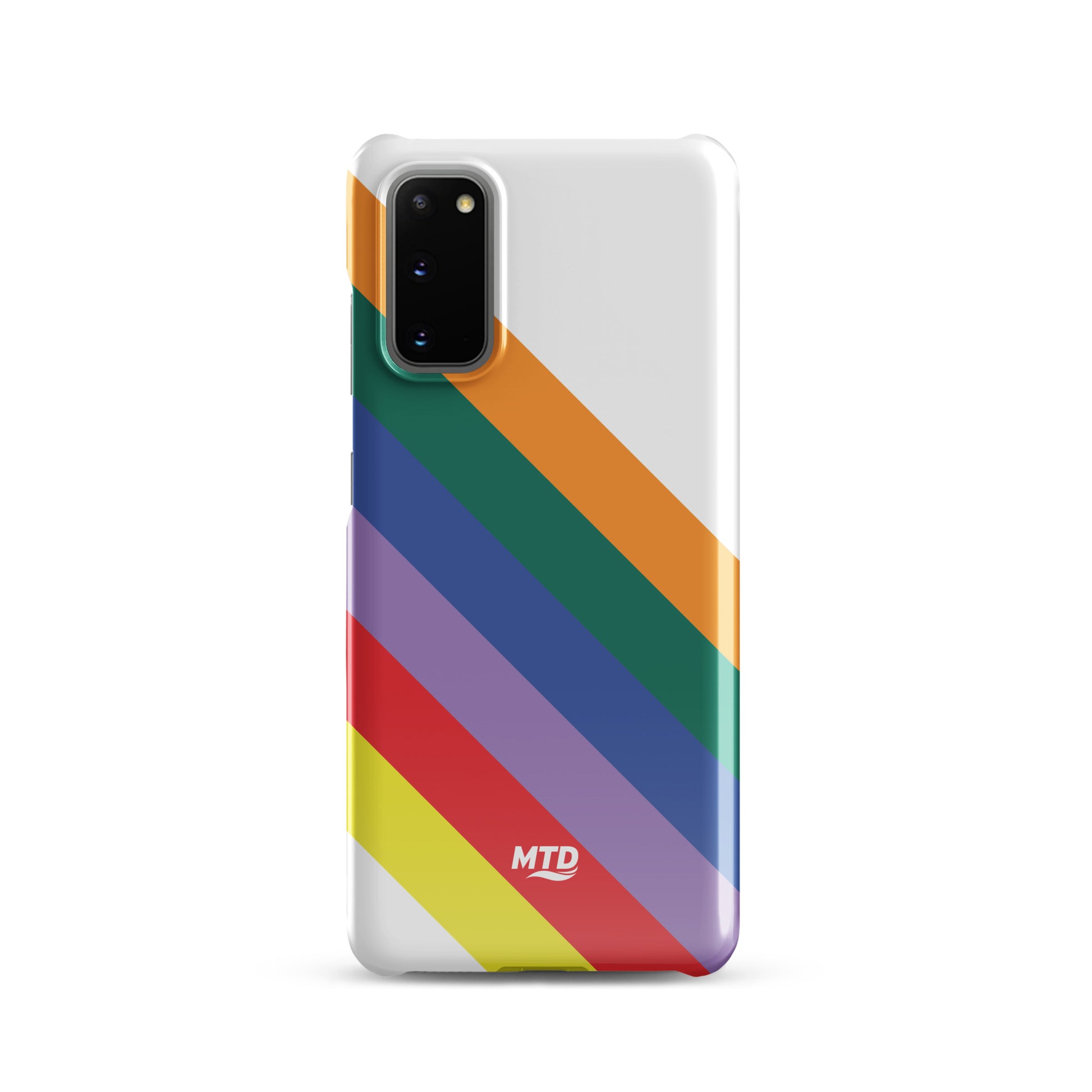White phone case with six colored lines running diagonally in the center.