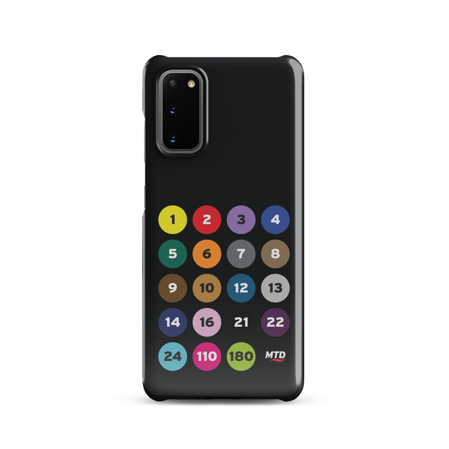 Black phone case with colorful circles and numbers representing MTD routes.