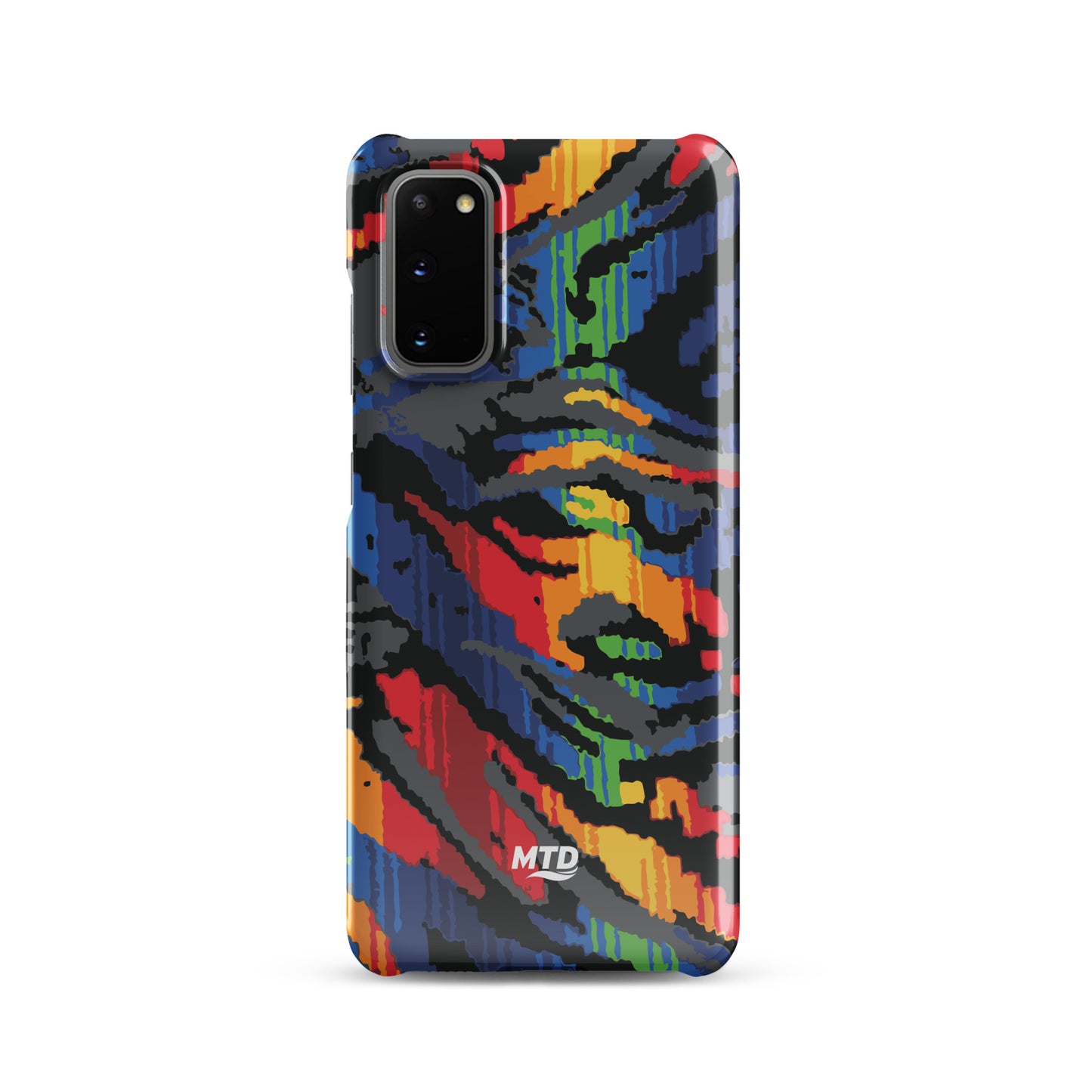 Phone case with colorful MTD bus seat pattern.