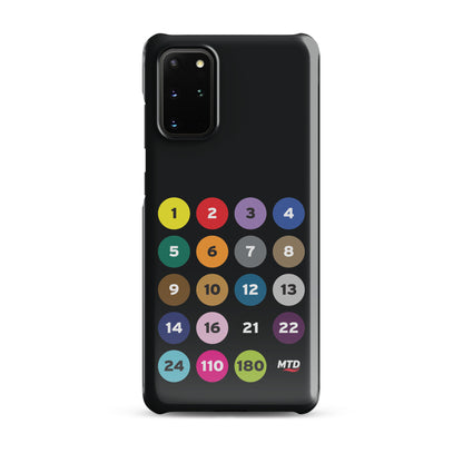 Black phone case with colorful circles and numbers representing MTD routes.