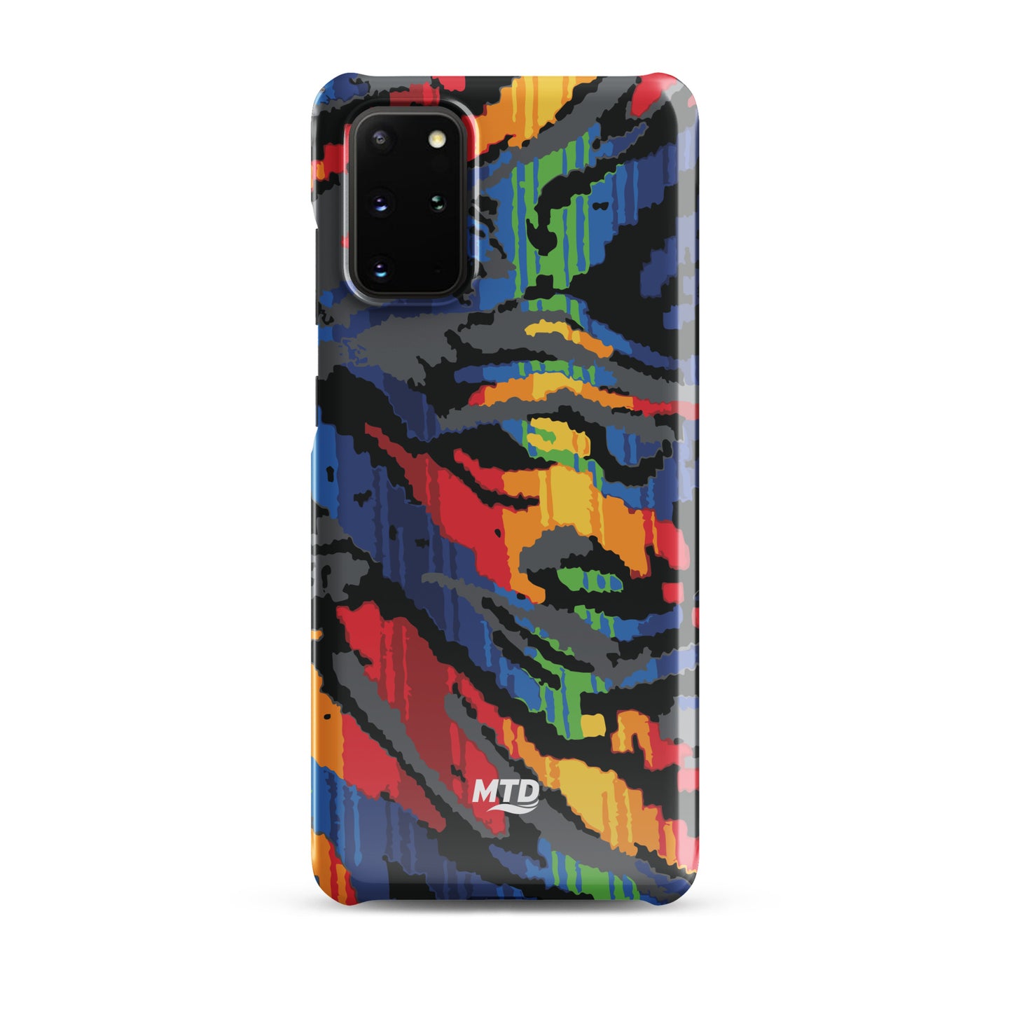 Phone case with colorful MTD bus seat pattern.