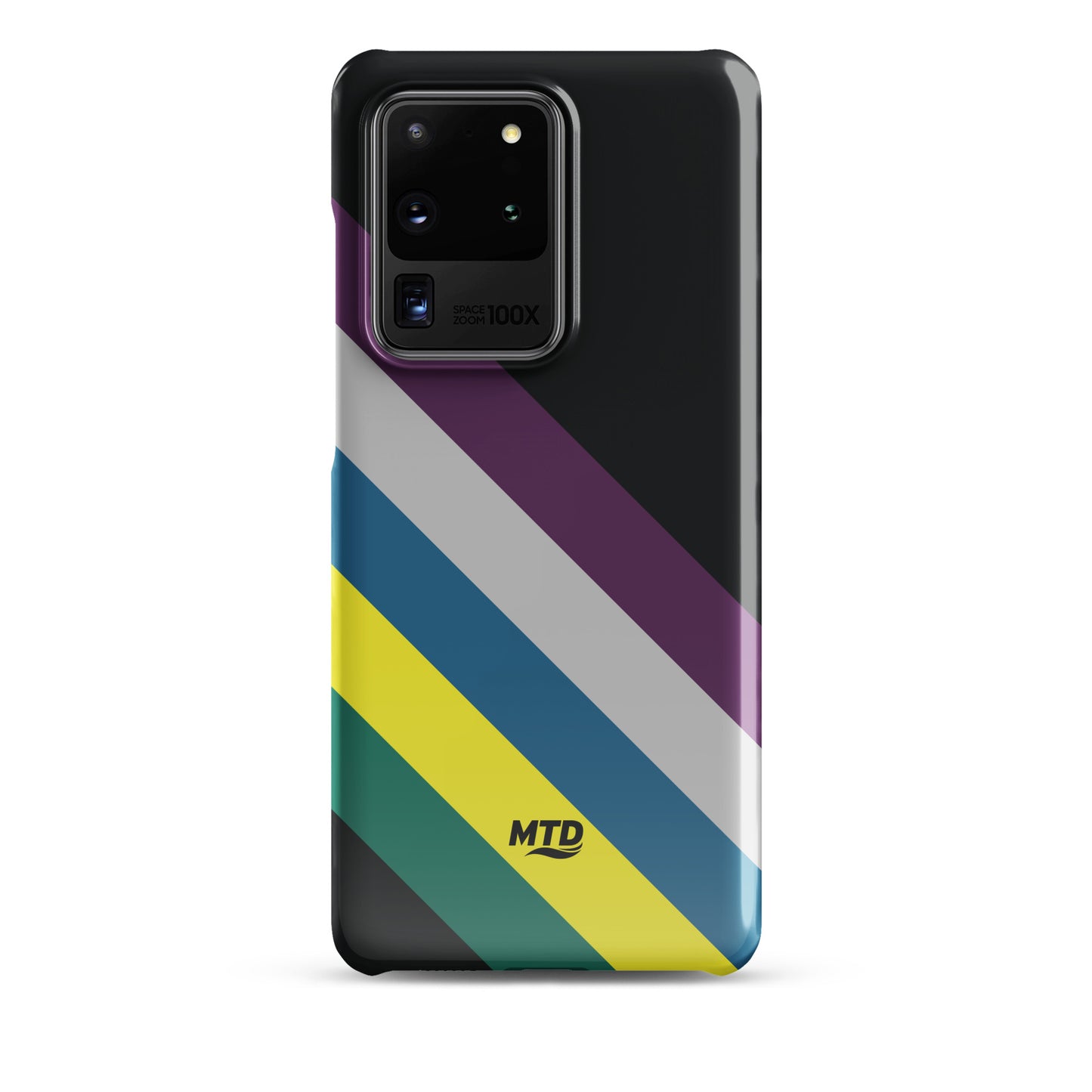 Black phone case with five colored lines running diagonally in the center.