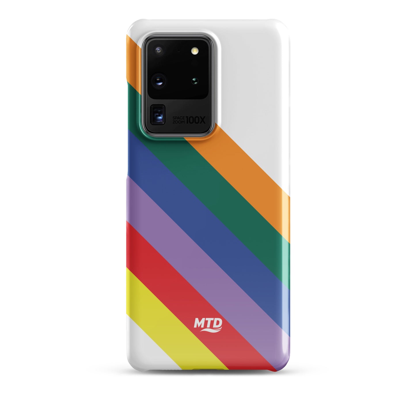 White phone case with six colored lines running diagonally in the center.