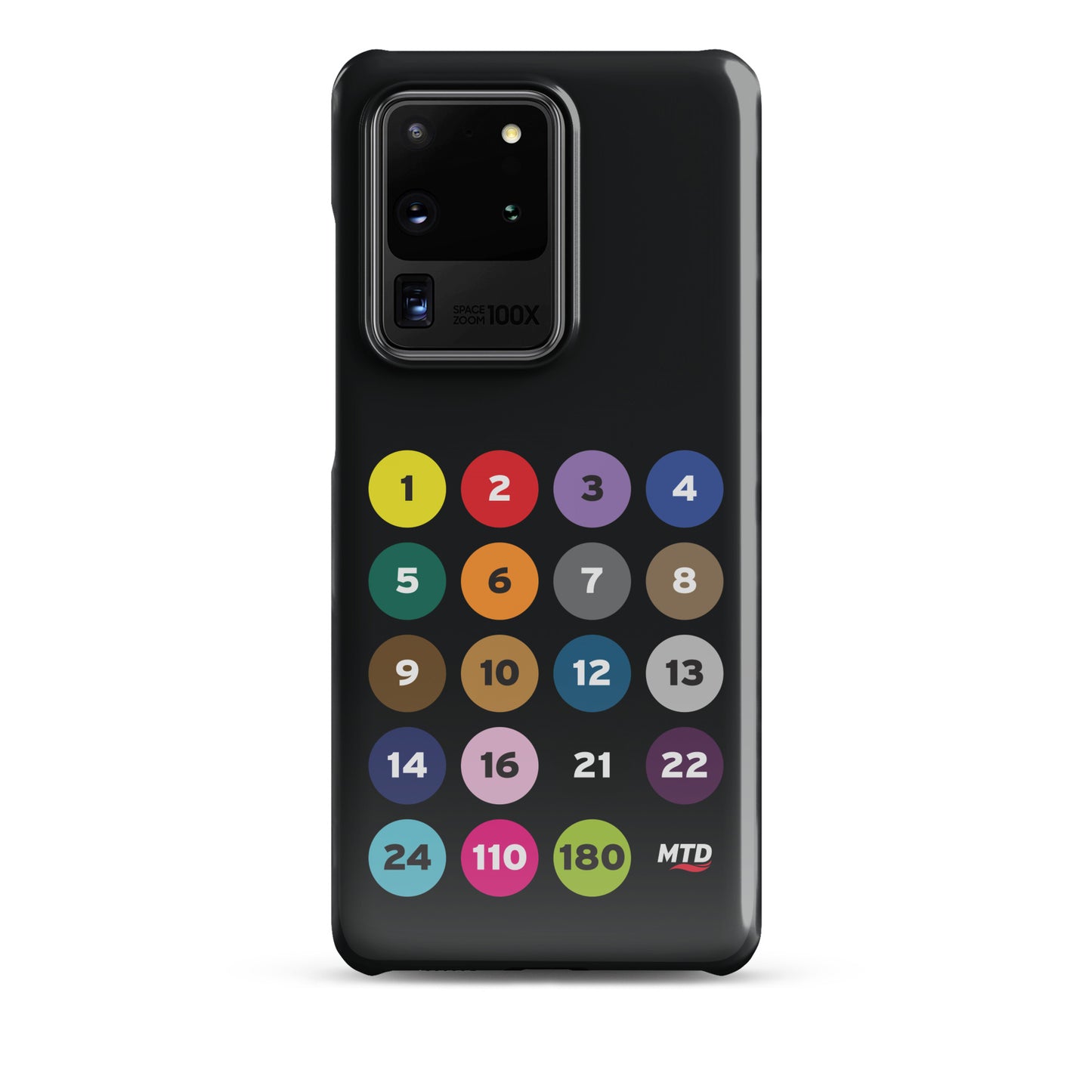Black phone case with colorful circles and numbers representing MTD routes.