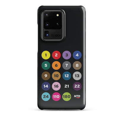 Black phone case with colorful circles and numbers representing MTD routes.