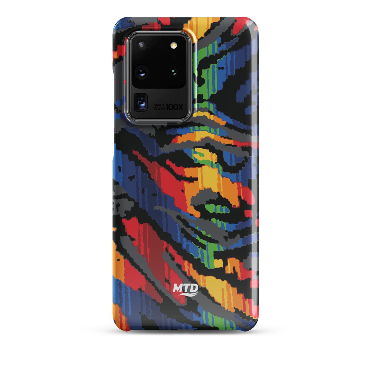 Phone case with colorful MTD bus seat pattern.