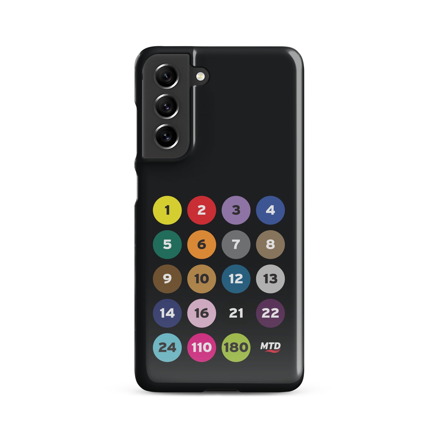 Black phone case with colorful circles and numbers representing MTD routes.