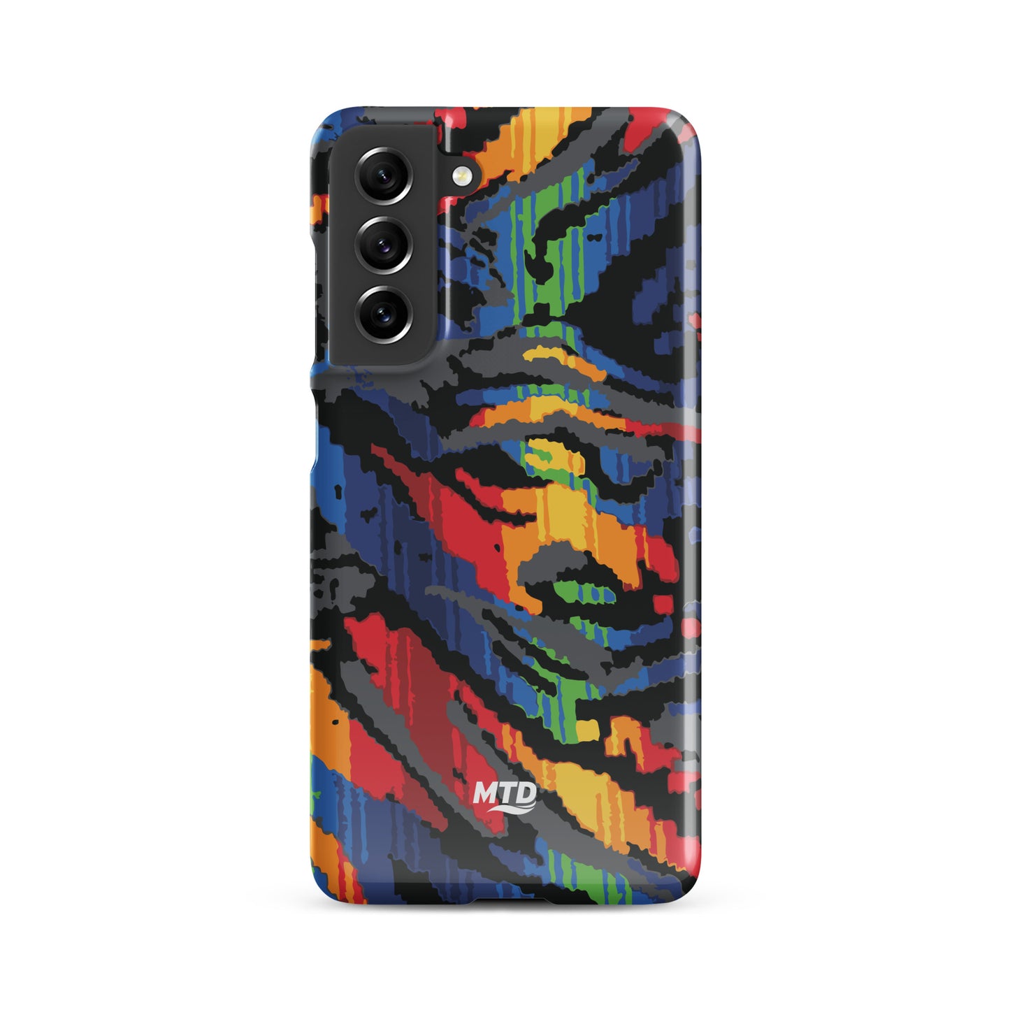 Phone case with colorful MTD bus seat pattern.