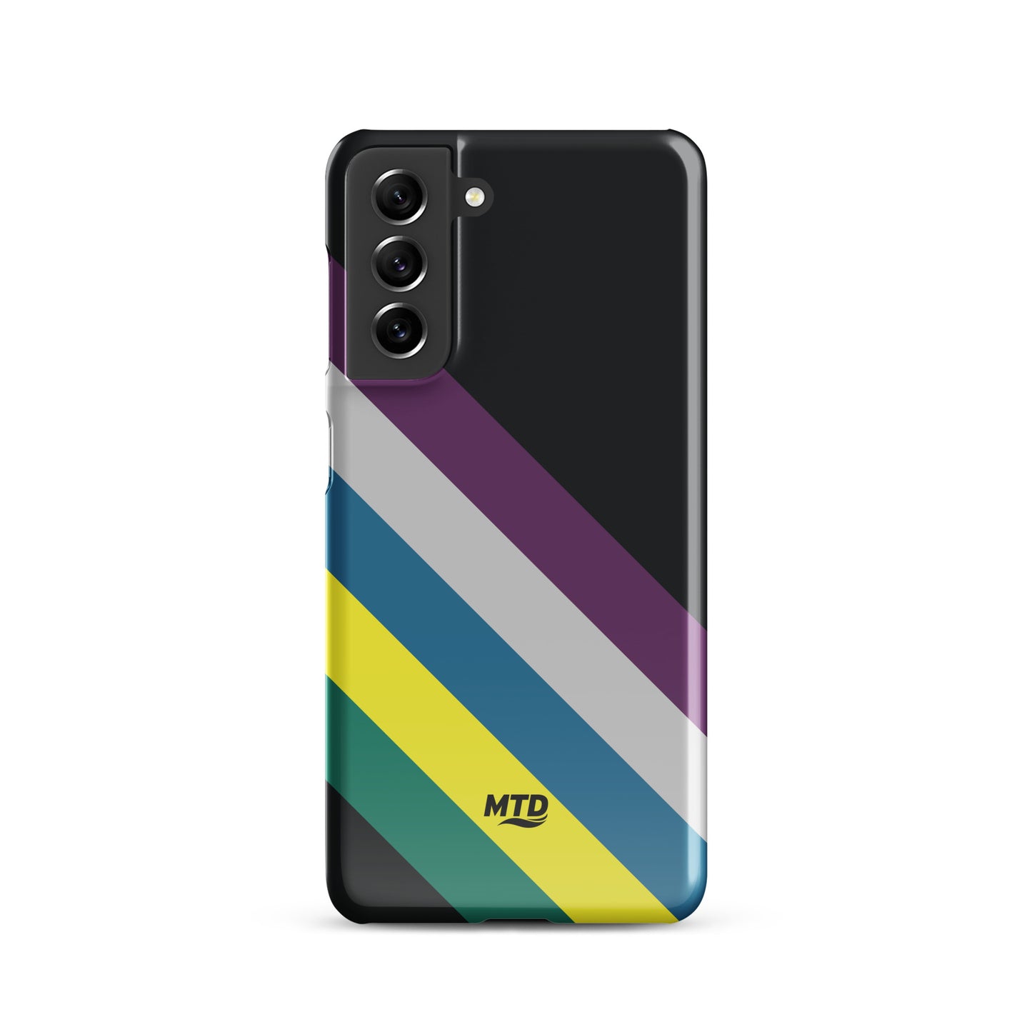Black phone case with five colored lines running diagonally in the center.