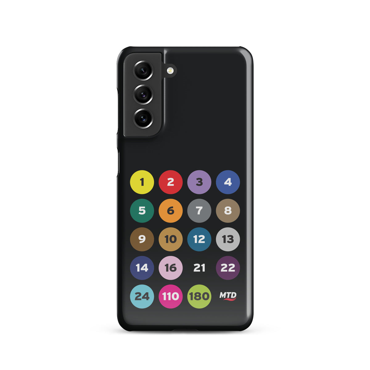Black phone case with colorful circles and numbers representing MTD routes.