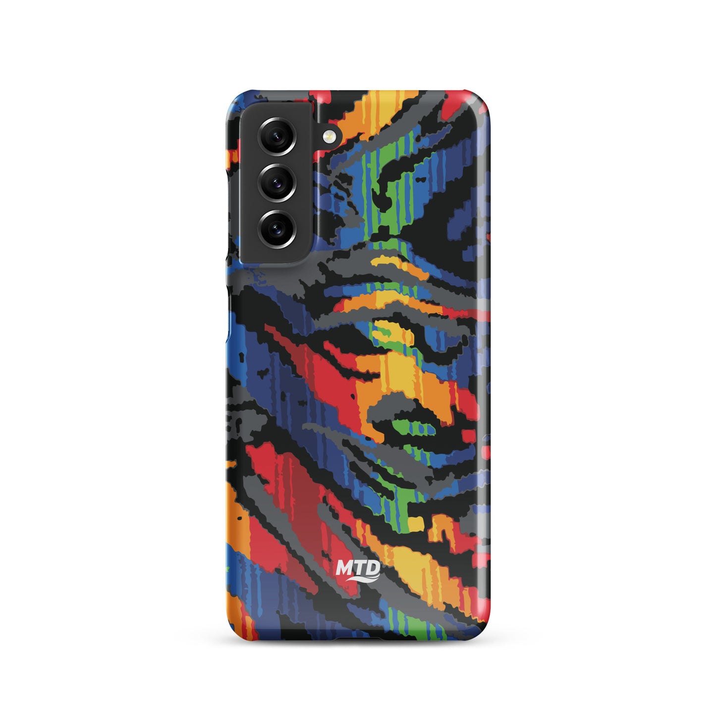Phone case with colorful MTD bus seat pattern.