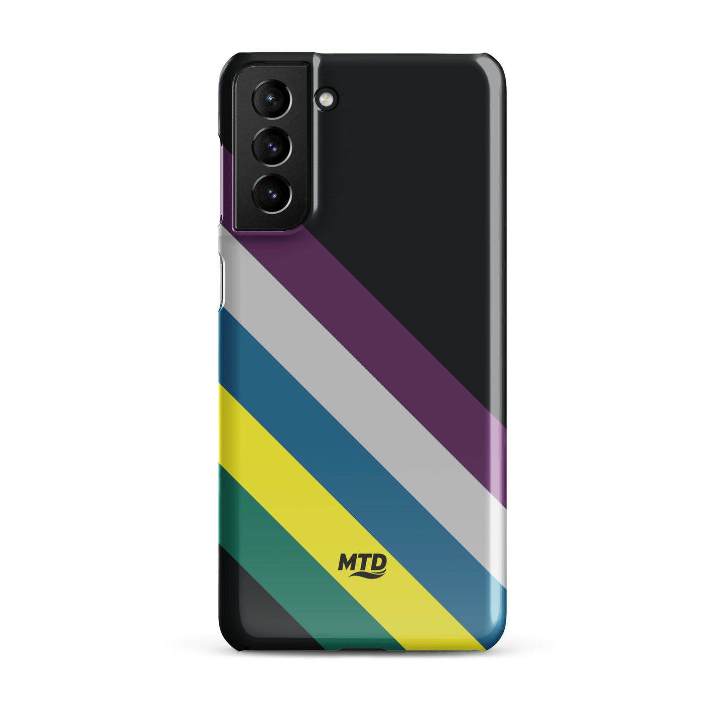 Black phone case with five colored lines running diagonally in the center.