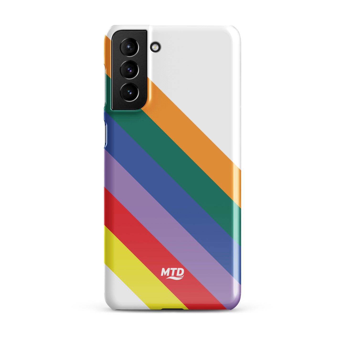 White phone case with six colored lines running diagonally in the center.
