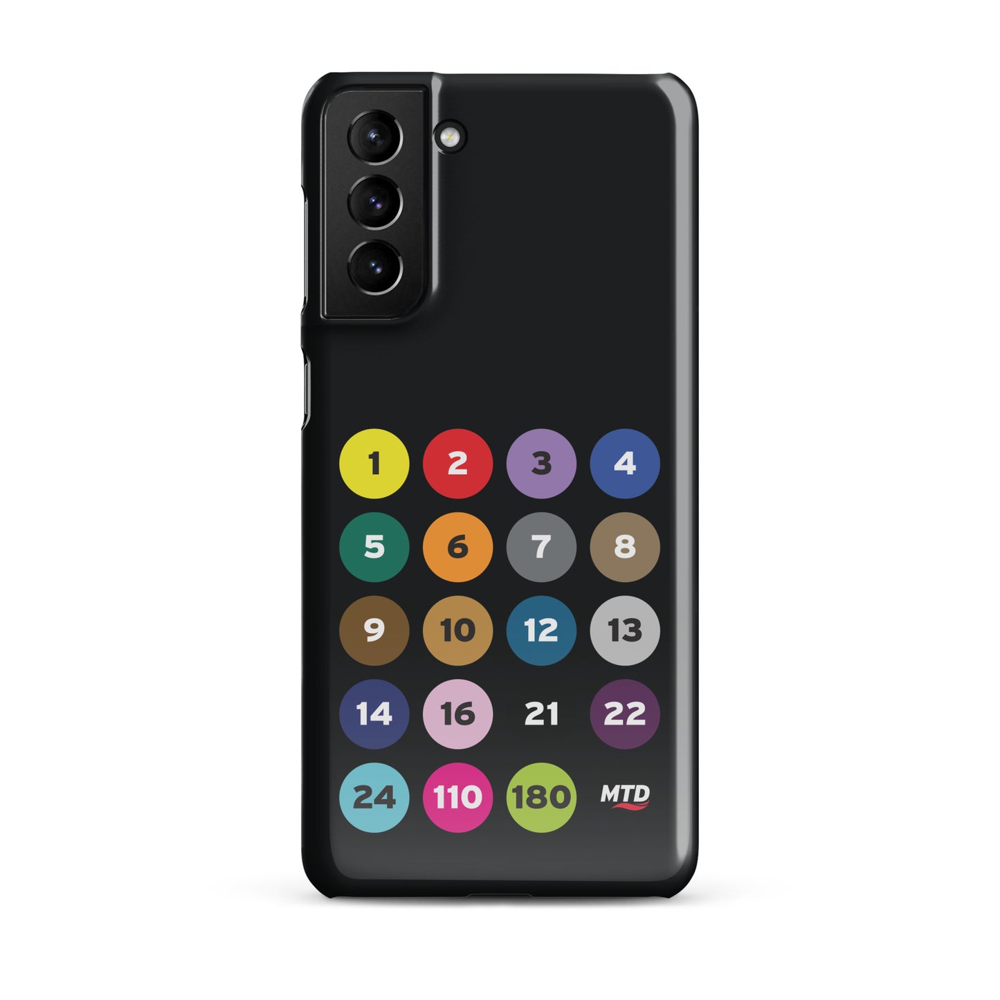 Black phone case with colorful circles and numbers representing MTD routes.