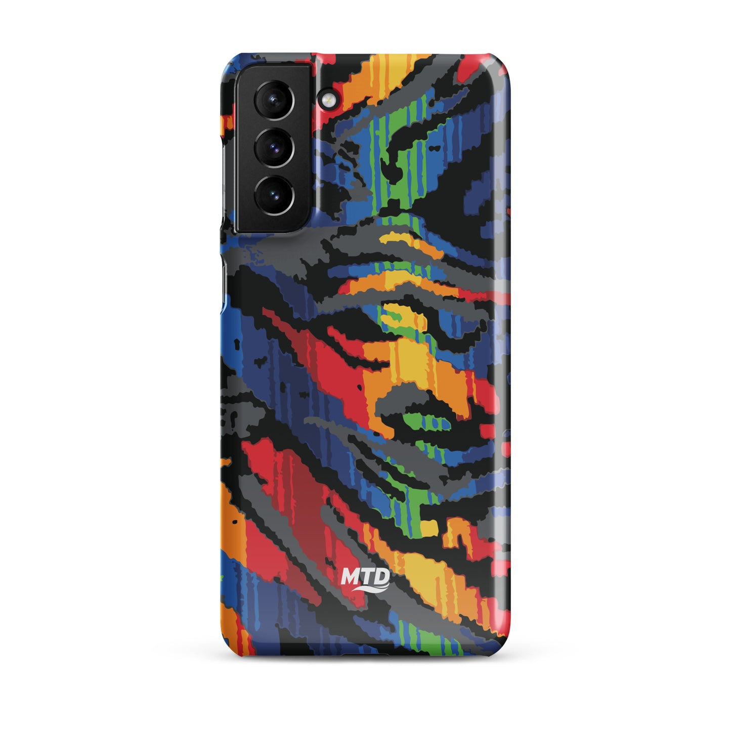 Phone case with colorful MTD bus seat pattern.