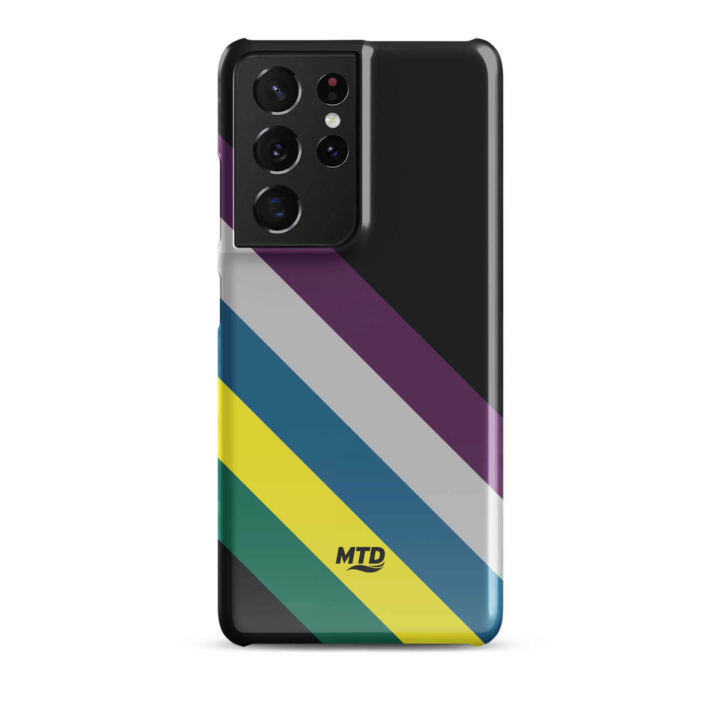Black phone case with five colored lines running diagonally in the center.