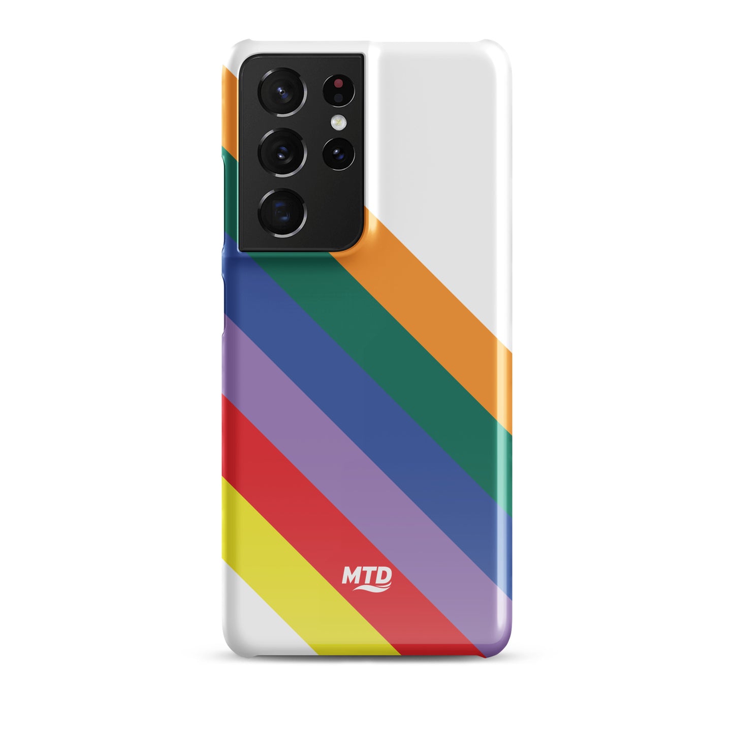 White phone case with six colored lines running diagonally in the center.