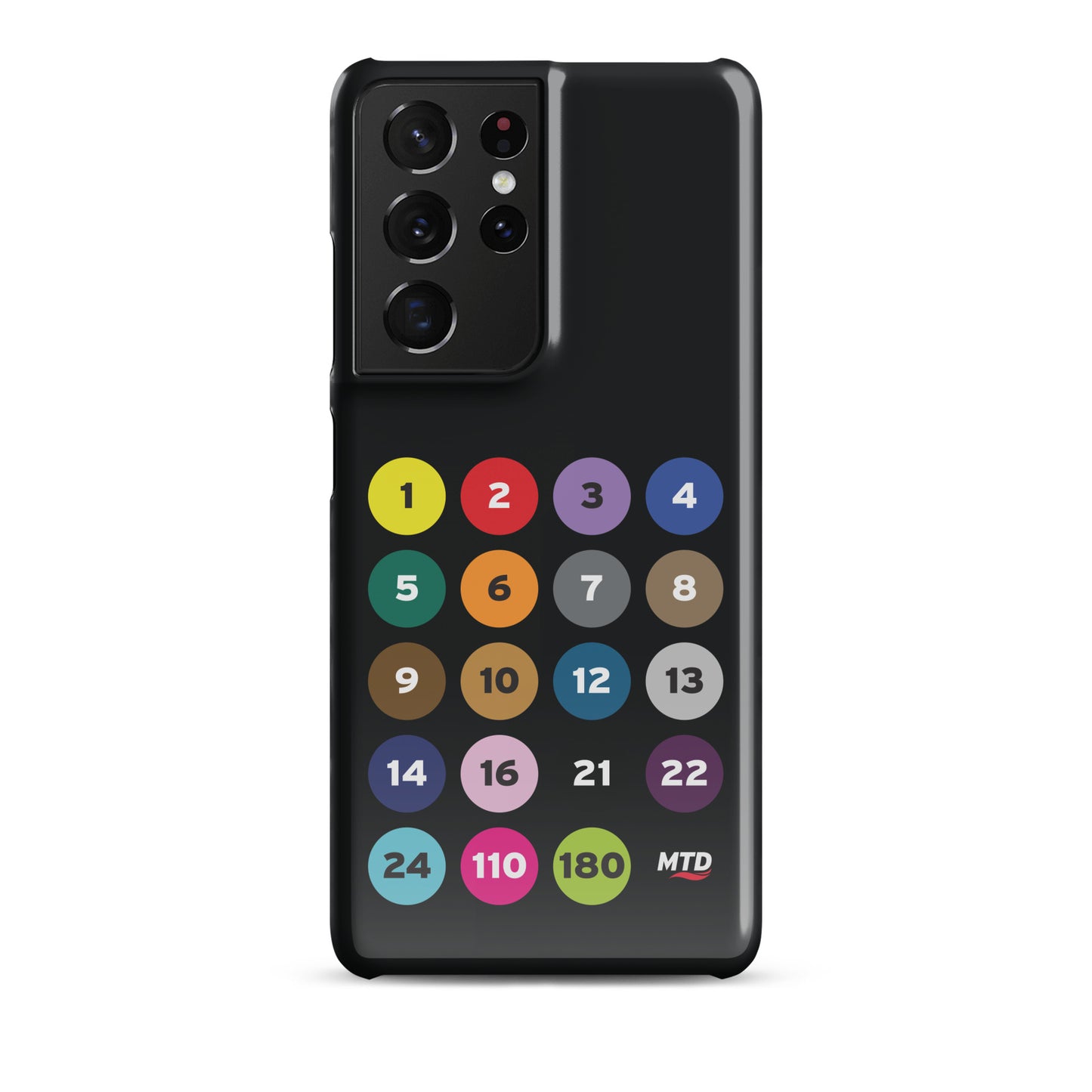 Black phone case with colorful circles and numbers representing MTD routes.