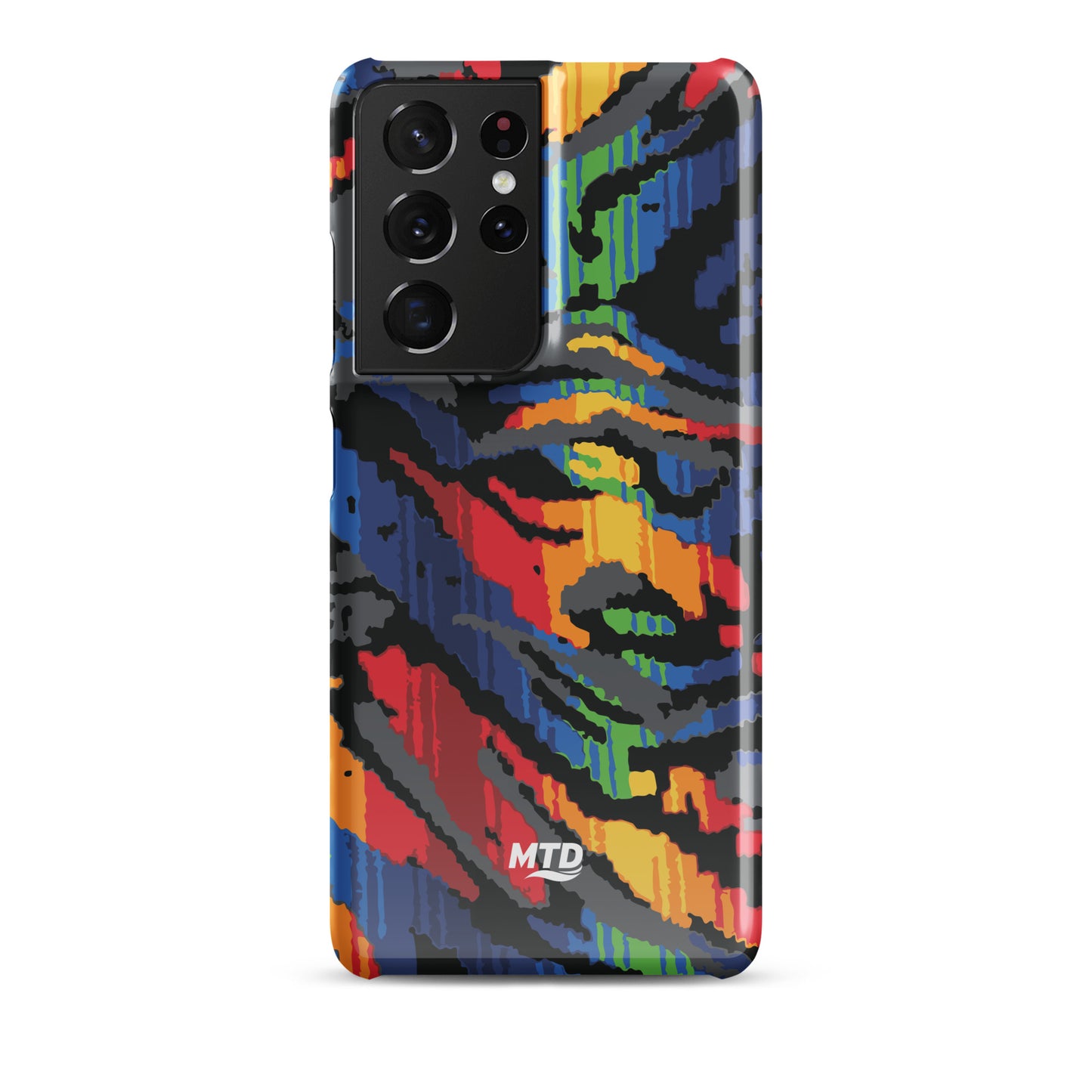 Phone case with colorful MTD bus seat pattern.