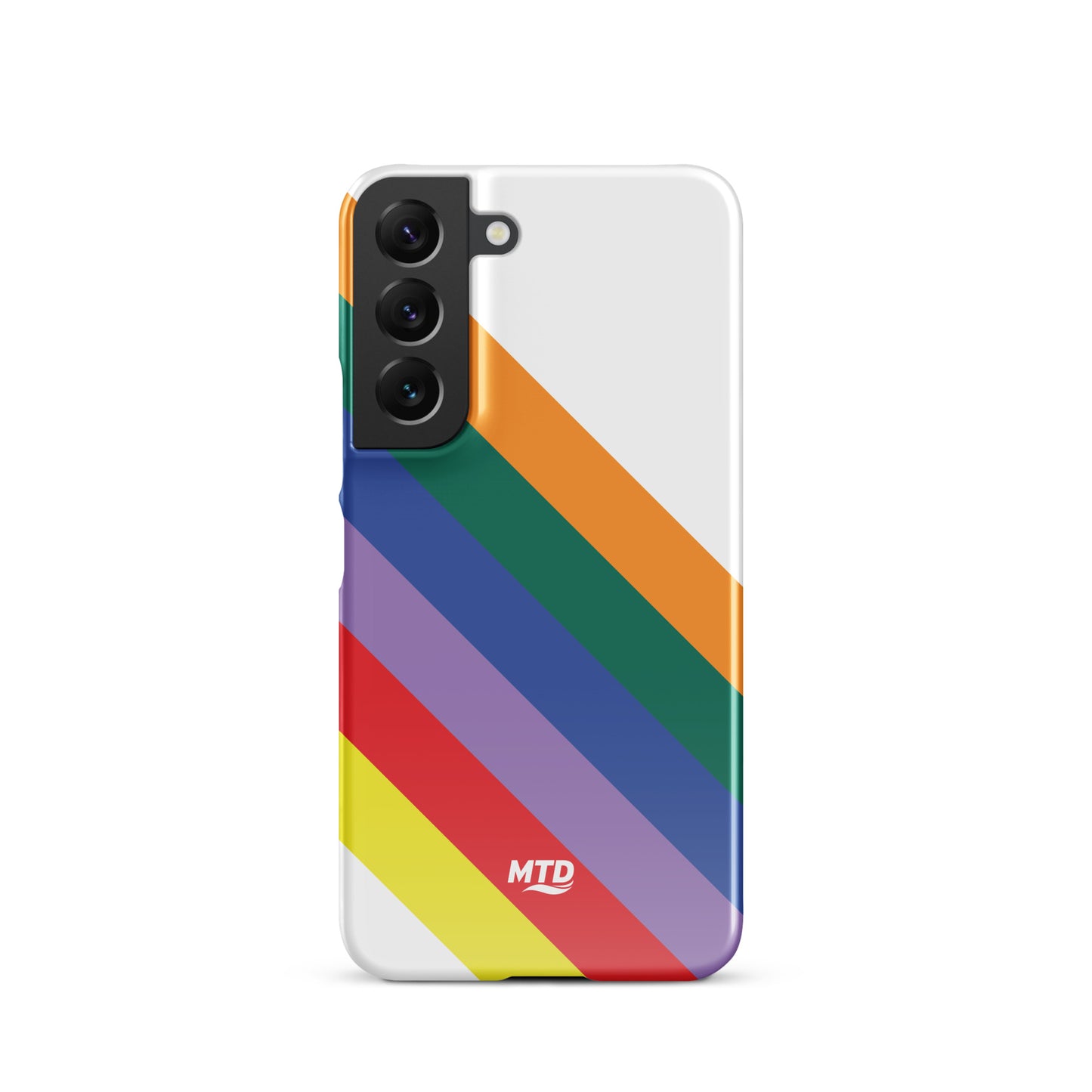 White phone case with six colored lines running diagonally in the center.