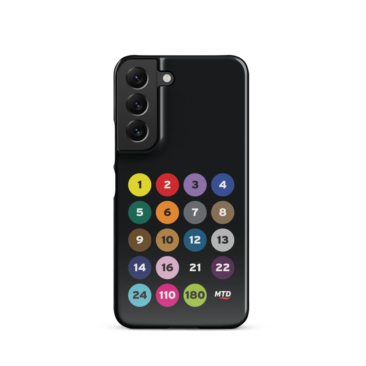 Black phone case with colorful circles and numbers representing MTD routes.