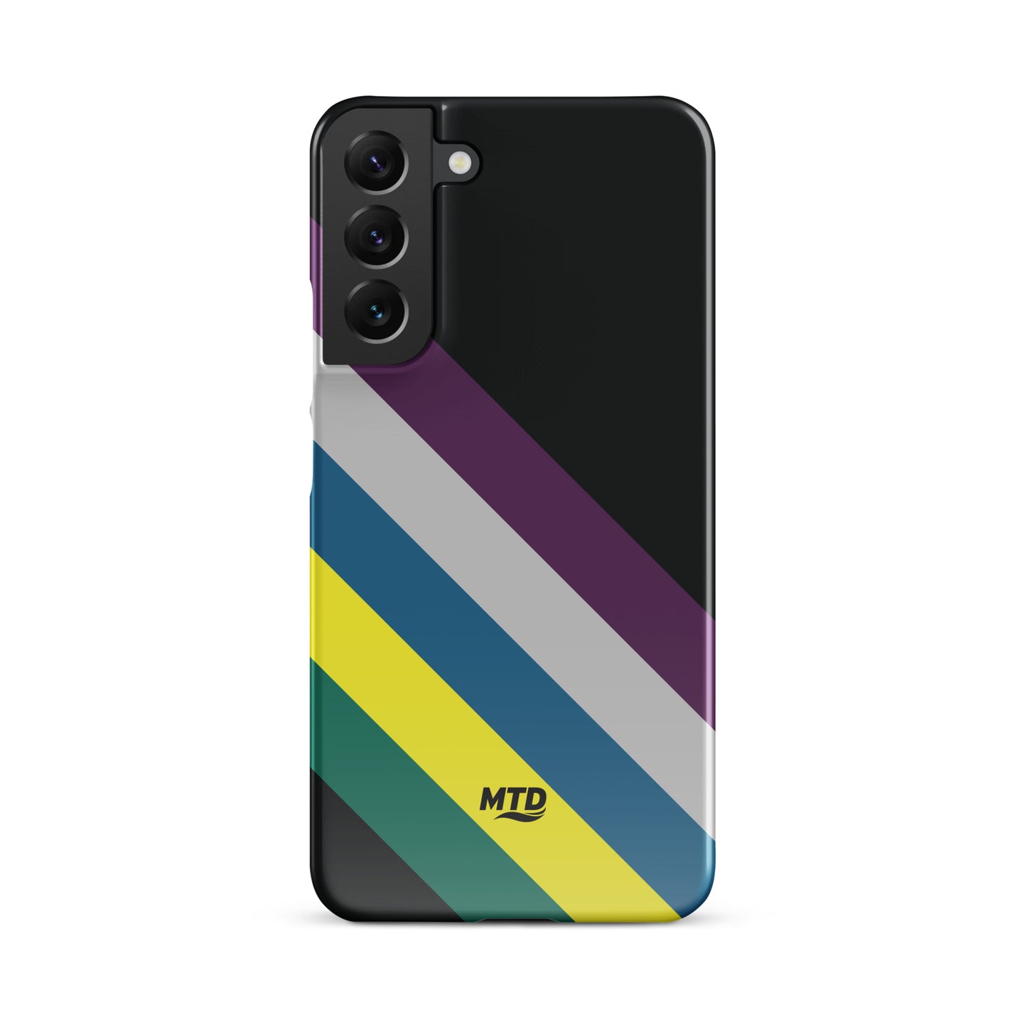 Black phone case with five colored lines running diagonally in the center.