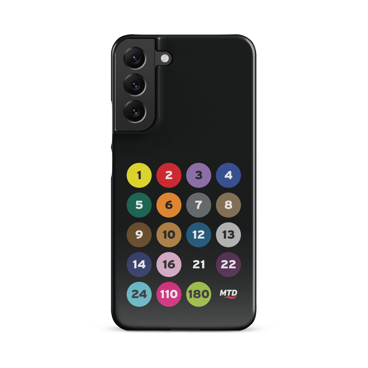 Black phone case with colorful circles and numbers representing MTD routes.