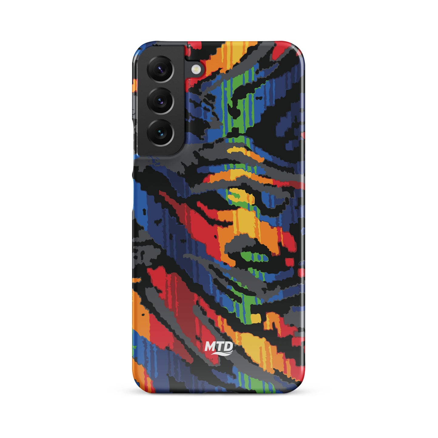 Phone case with colorful MTD bus seat pattern.