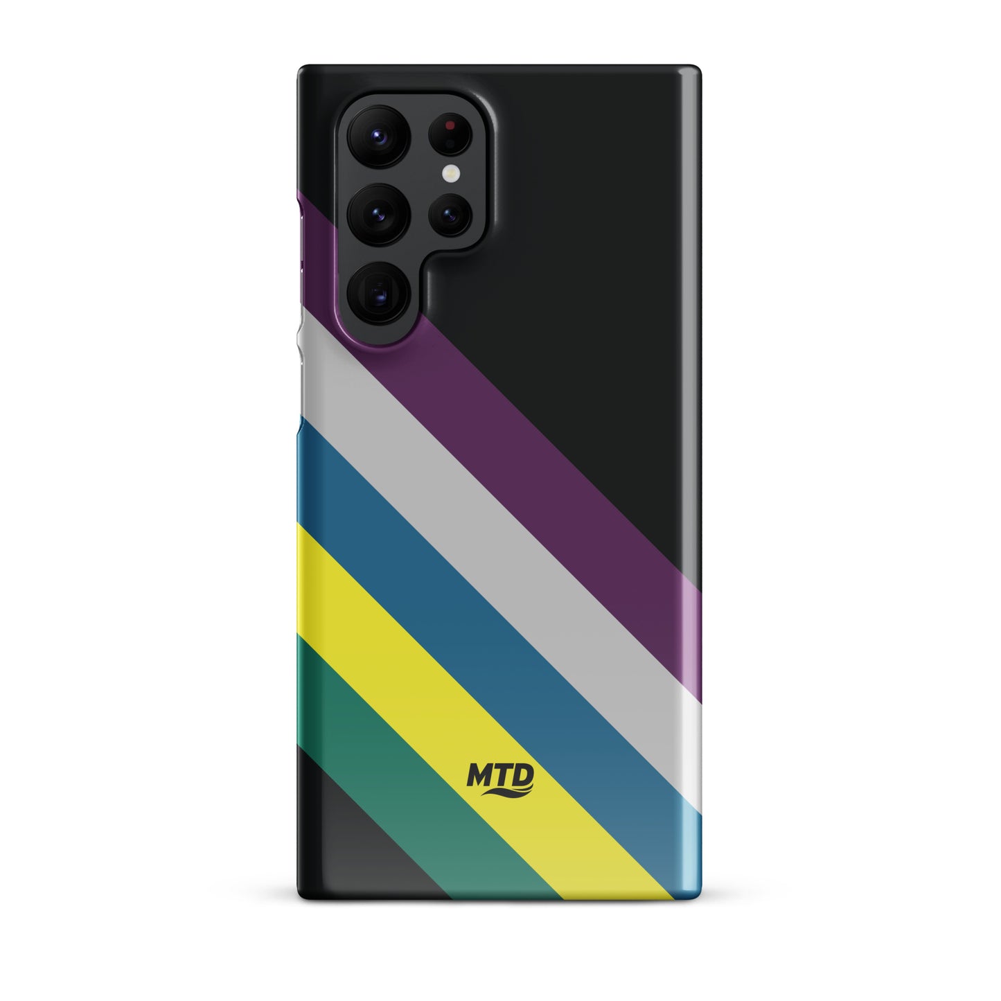 Black phone case with five colored lines running diagonally in the center.