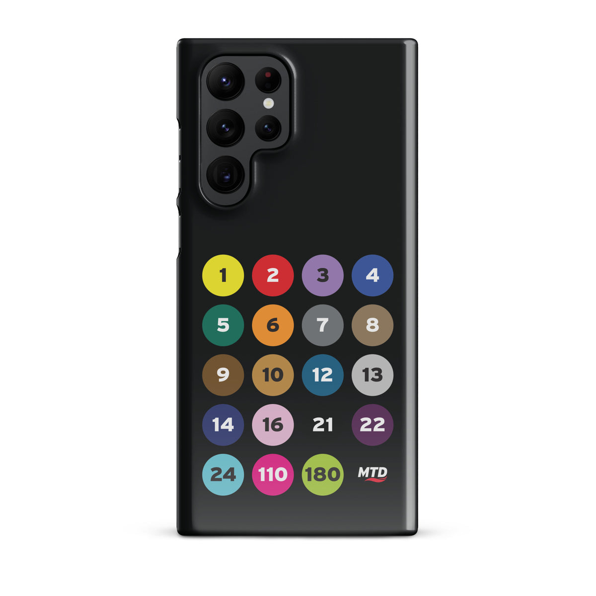 Black phone case with colorful circles and numbers representing MTD routes.