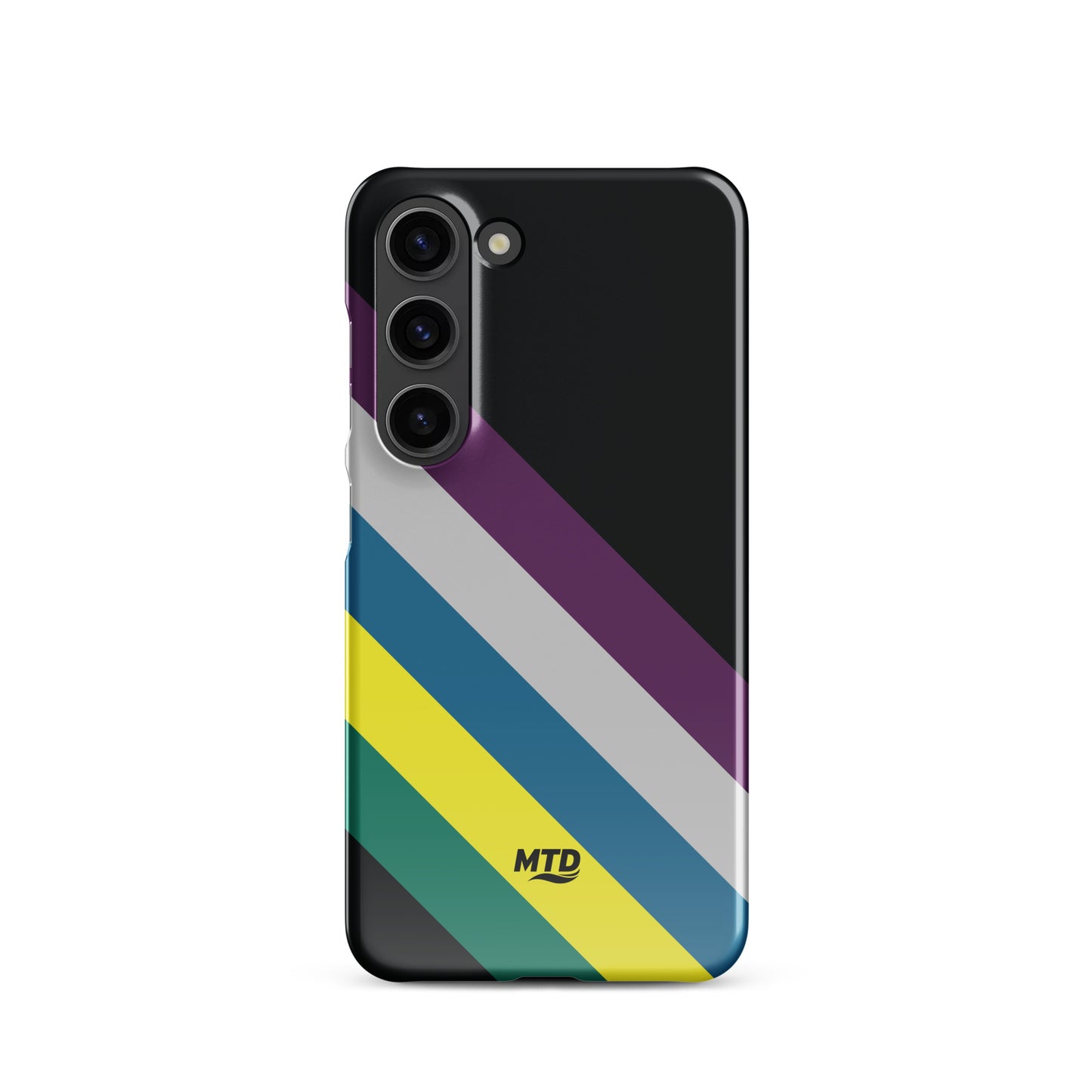 Black phone case with five colored lines running diagonally in the center.