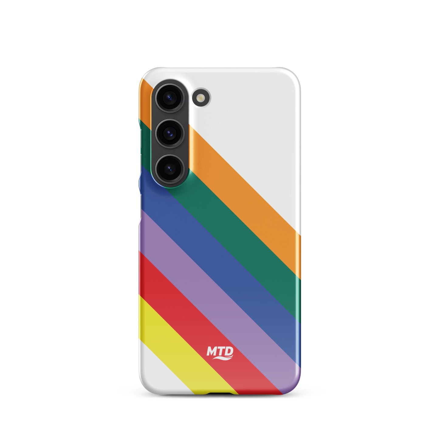 White phone case with six colored lines running diagonally in the center.