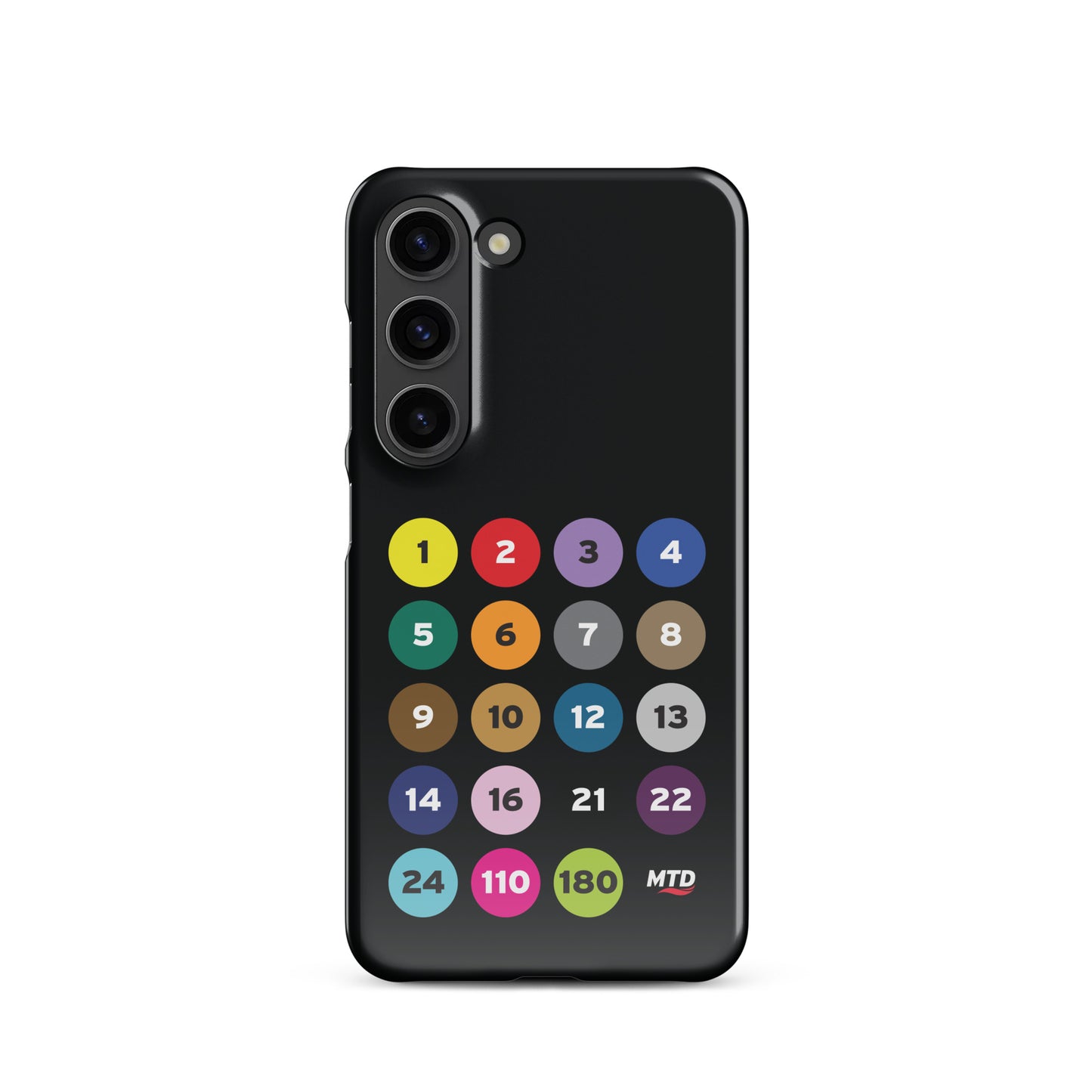 Black phone case with colorful circles and numbers representing MTD routes.