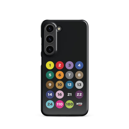 Black phone case with colorful circles and numbers representing MTD routes.