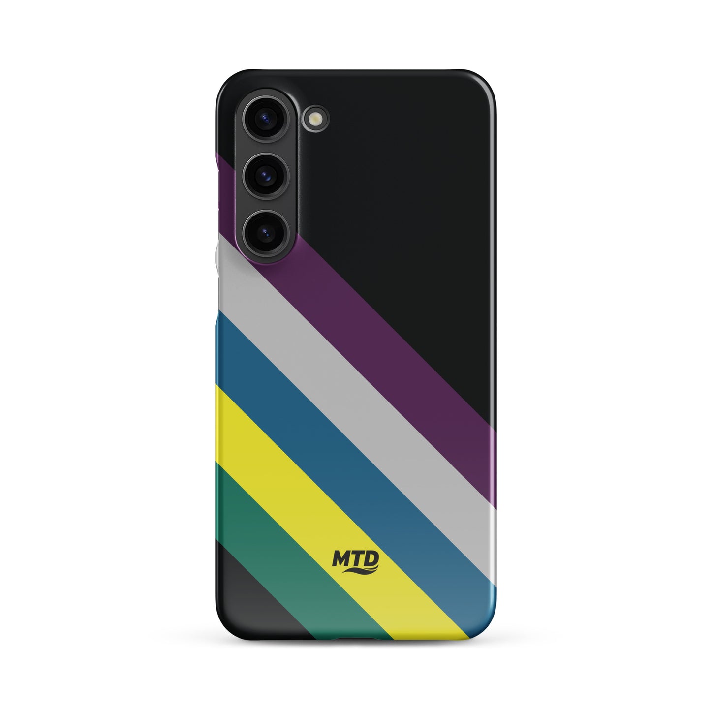 Black phone case with five colored lines running diagonally in the center.