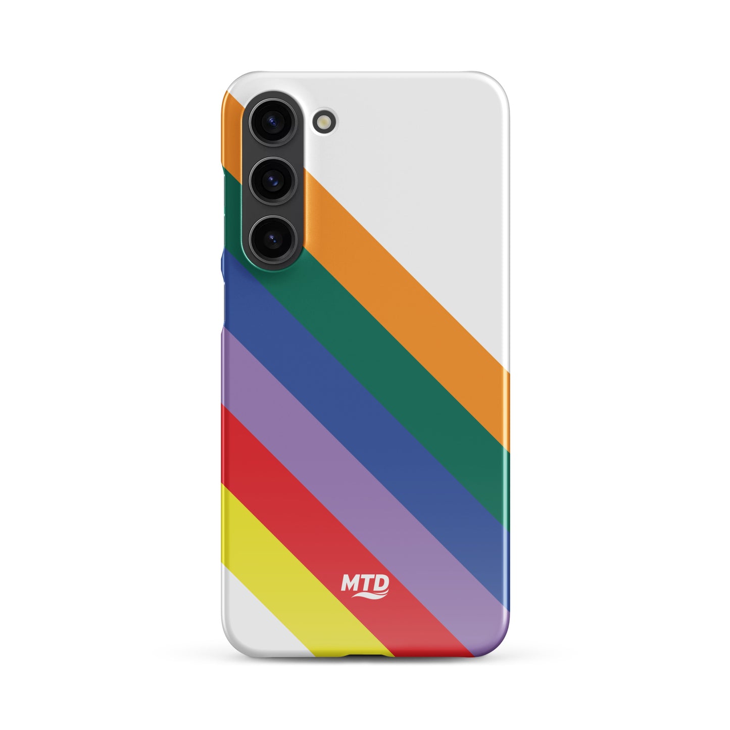 White phone case with six colored lines running diagonally in the center.
