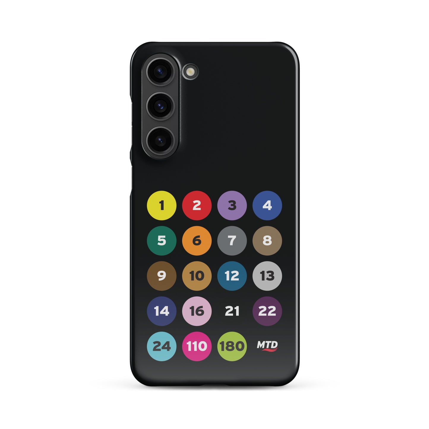 Black phone case with colorful circles and numbers representing MTD routes.