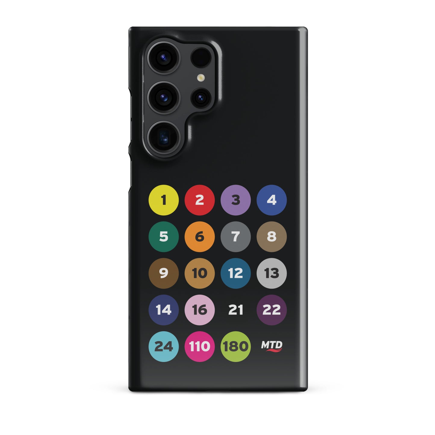 Black phone case with colorful circles and numbers representing MTD routes.