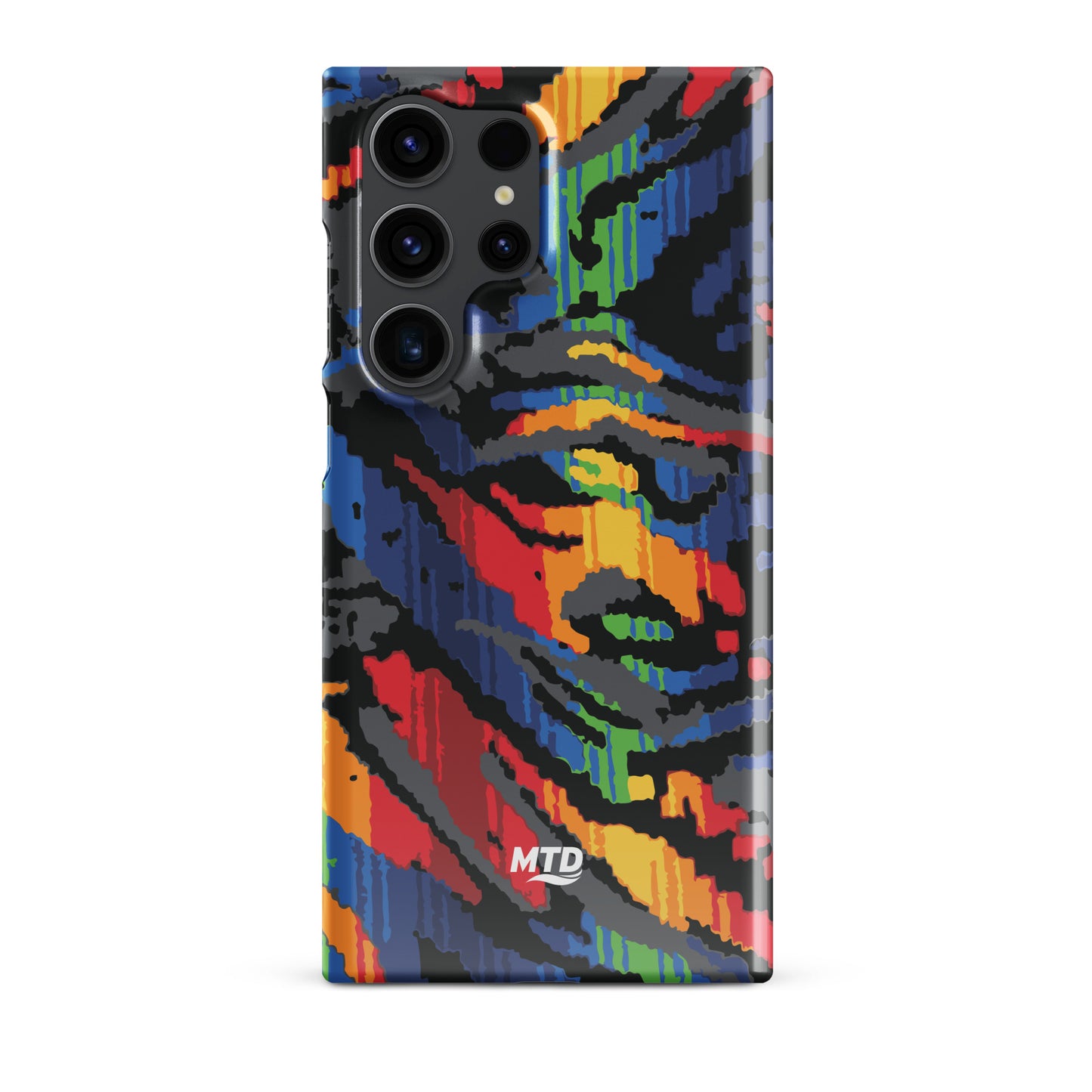 Phone case with colorful MTD bus seat pattern.