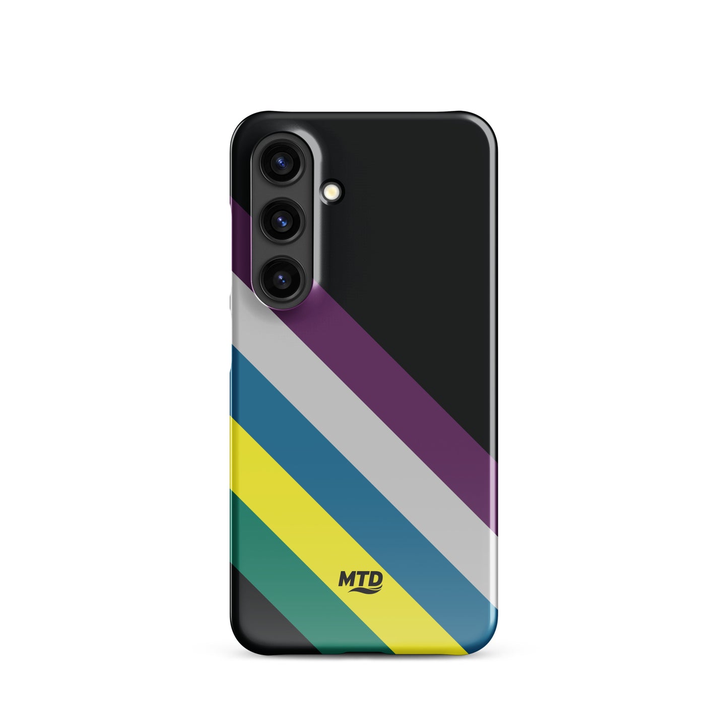 Black phone case with five colored lines running diagonally in the center.