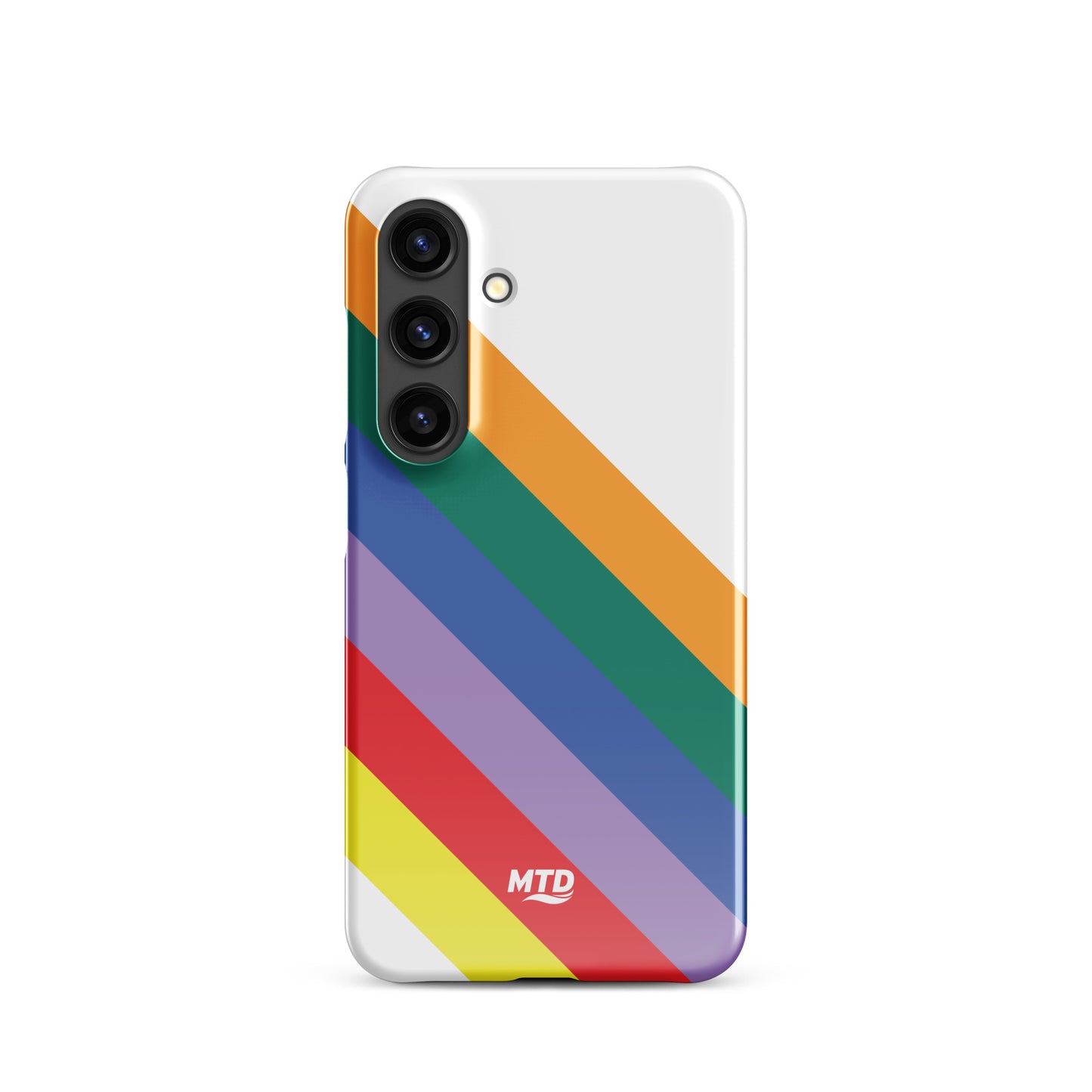 White phone case with six colored lines running diagonally in the center.