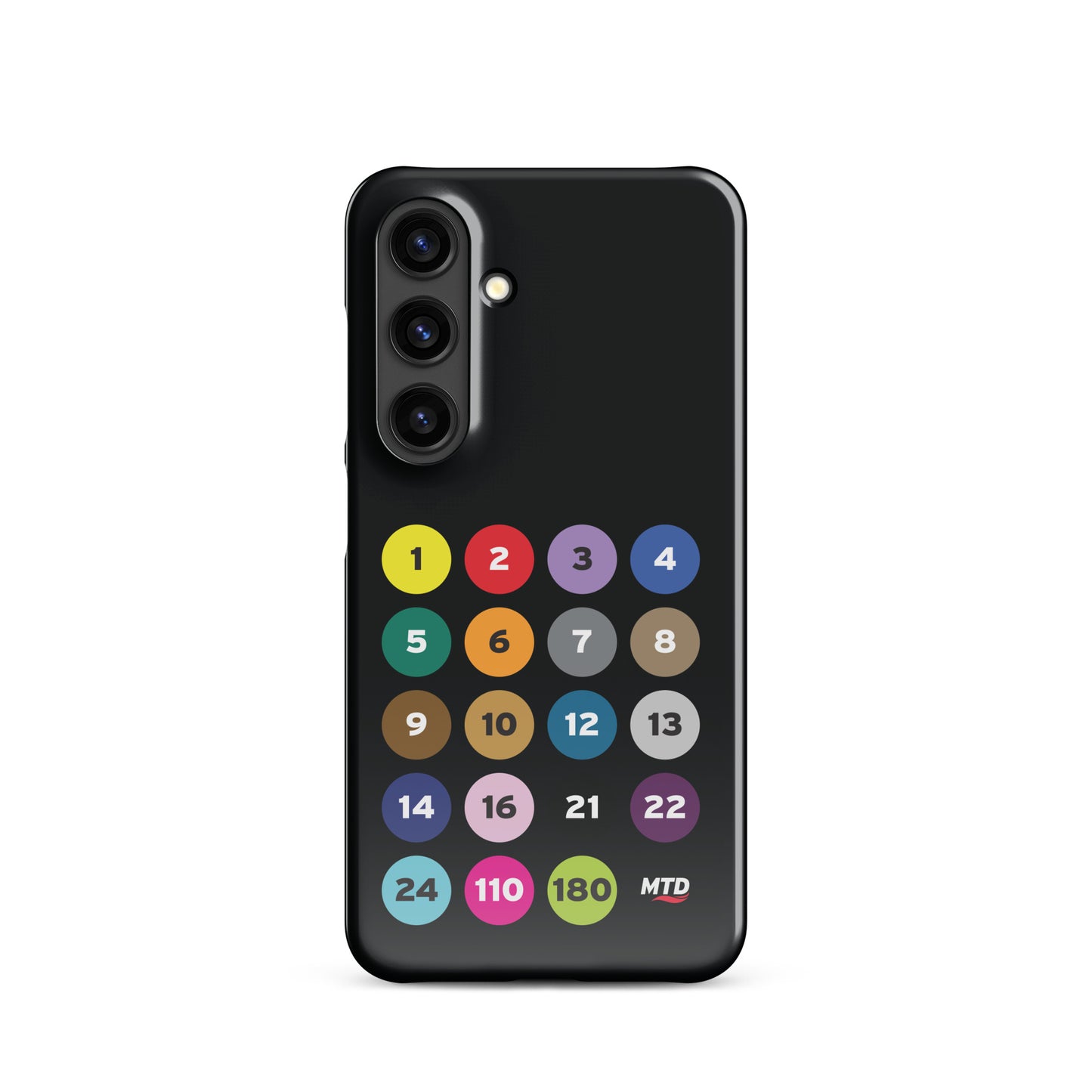 Black phone case with colorful circles and numbers representing MTD routes.
