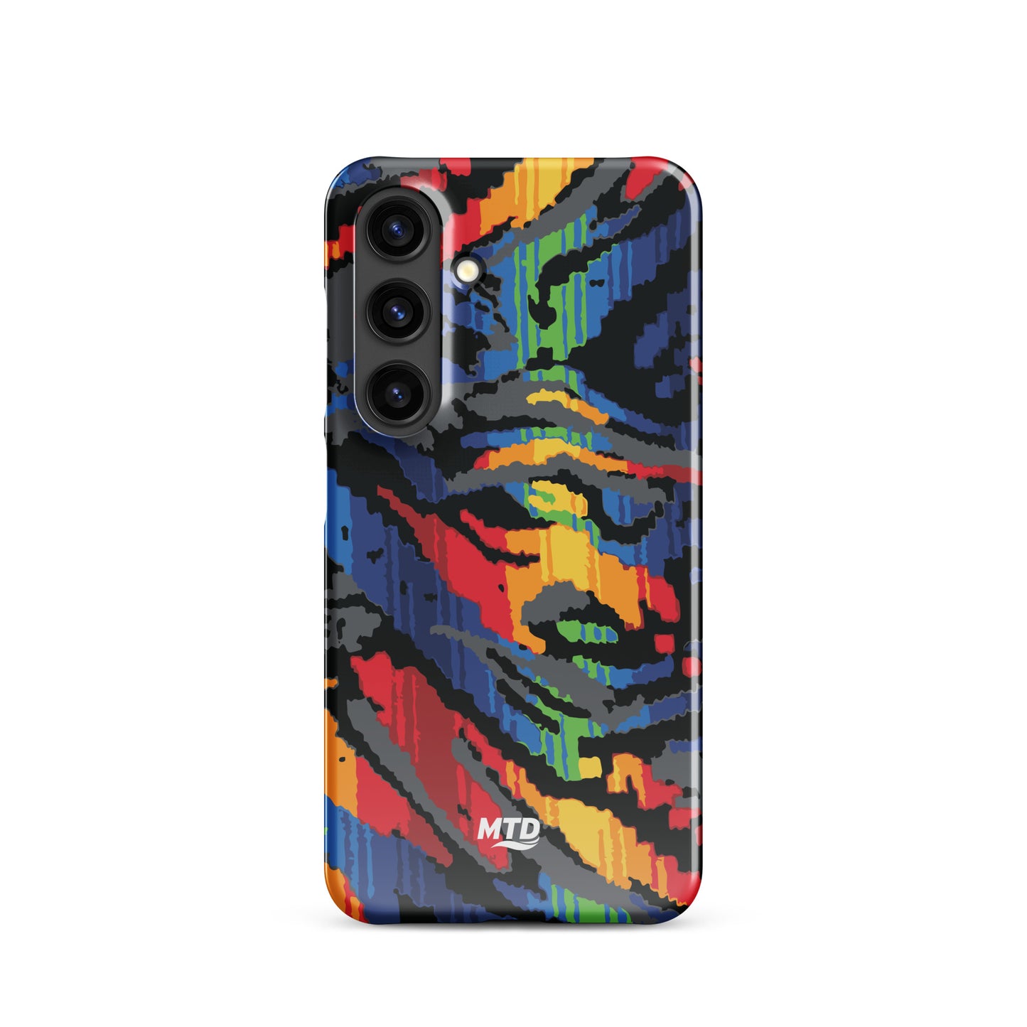 Phone case with colorful MTD bus seat pattern.