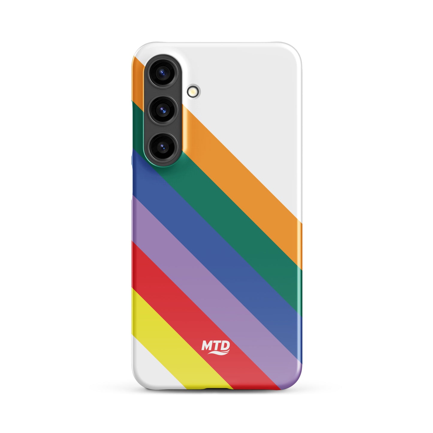 White phone case with six colored lines running diagonally in the center.