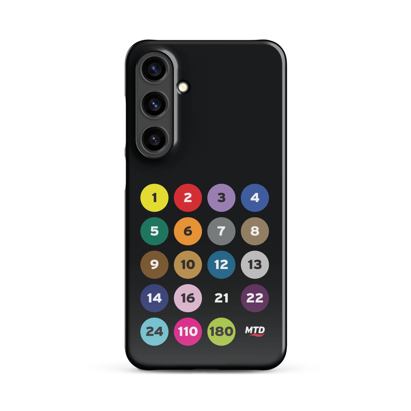 Black phone case with colorful circles and numbers representing MTD routes.