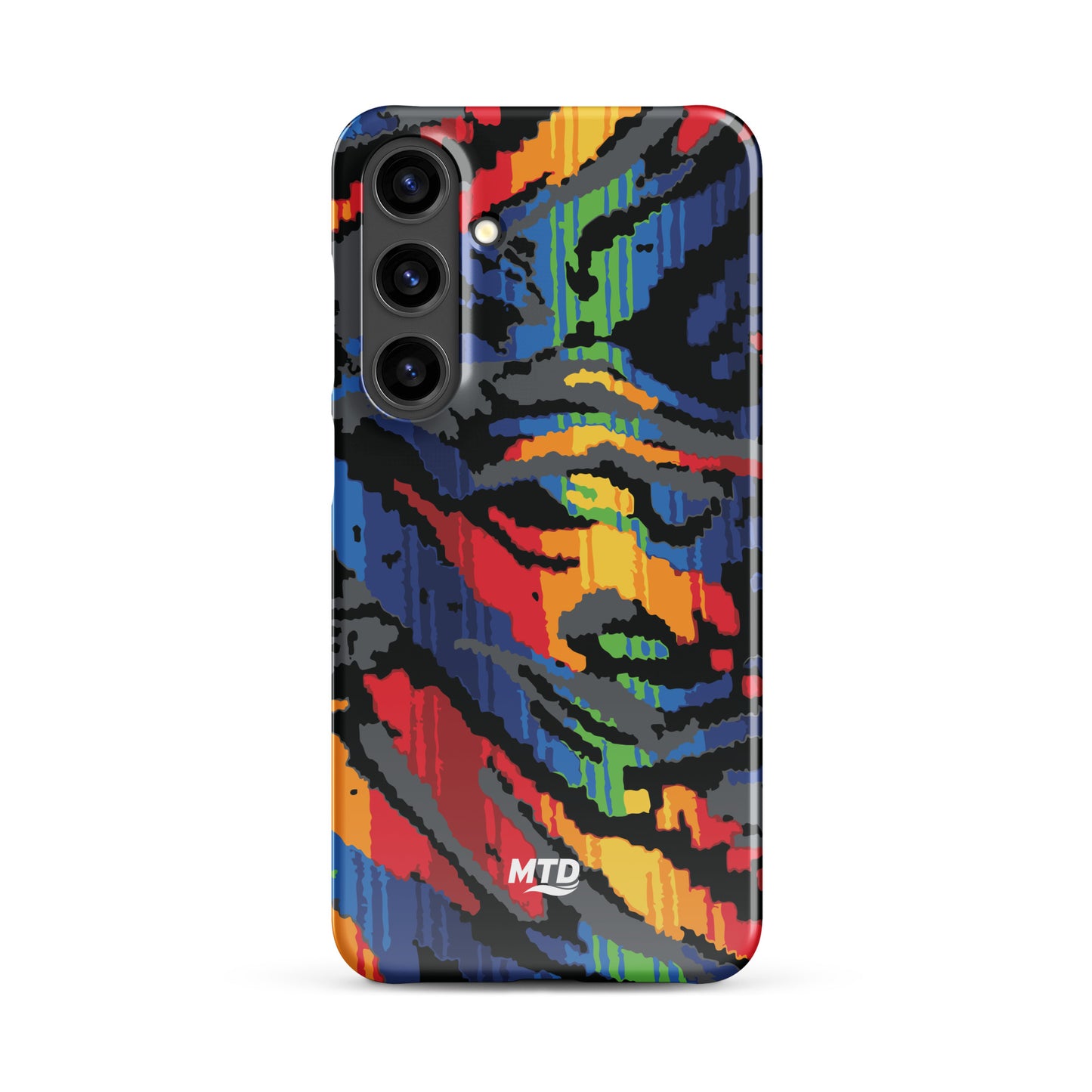 Phone case with colorful MTD bus seat pattern.