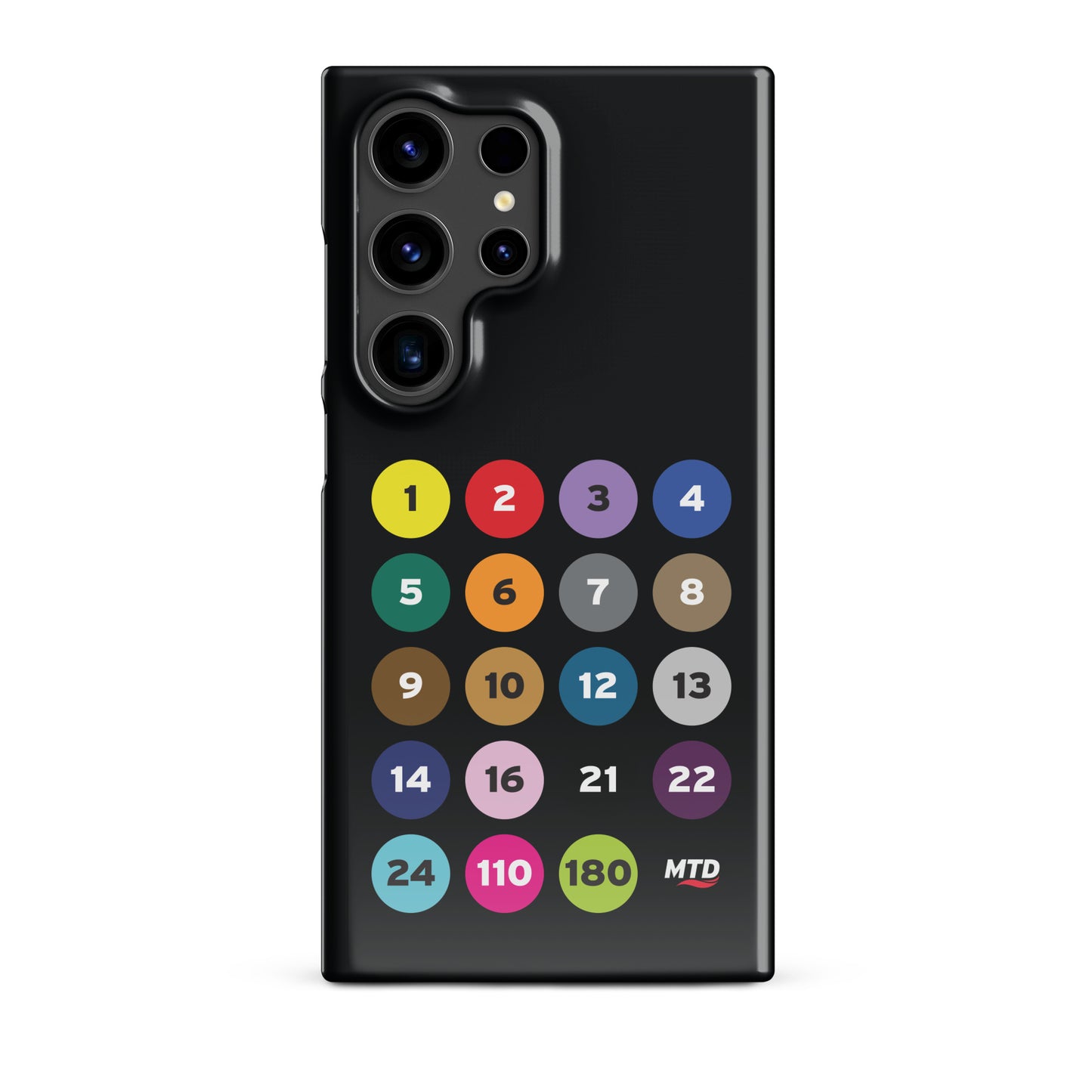 Black phone case with colorful circles and numbers representing MTD routes.