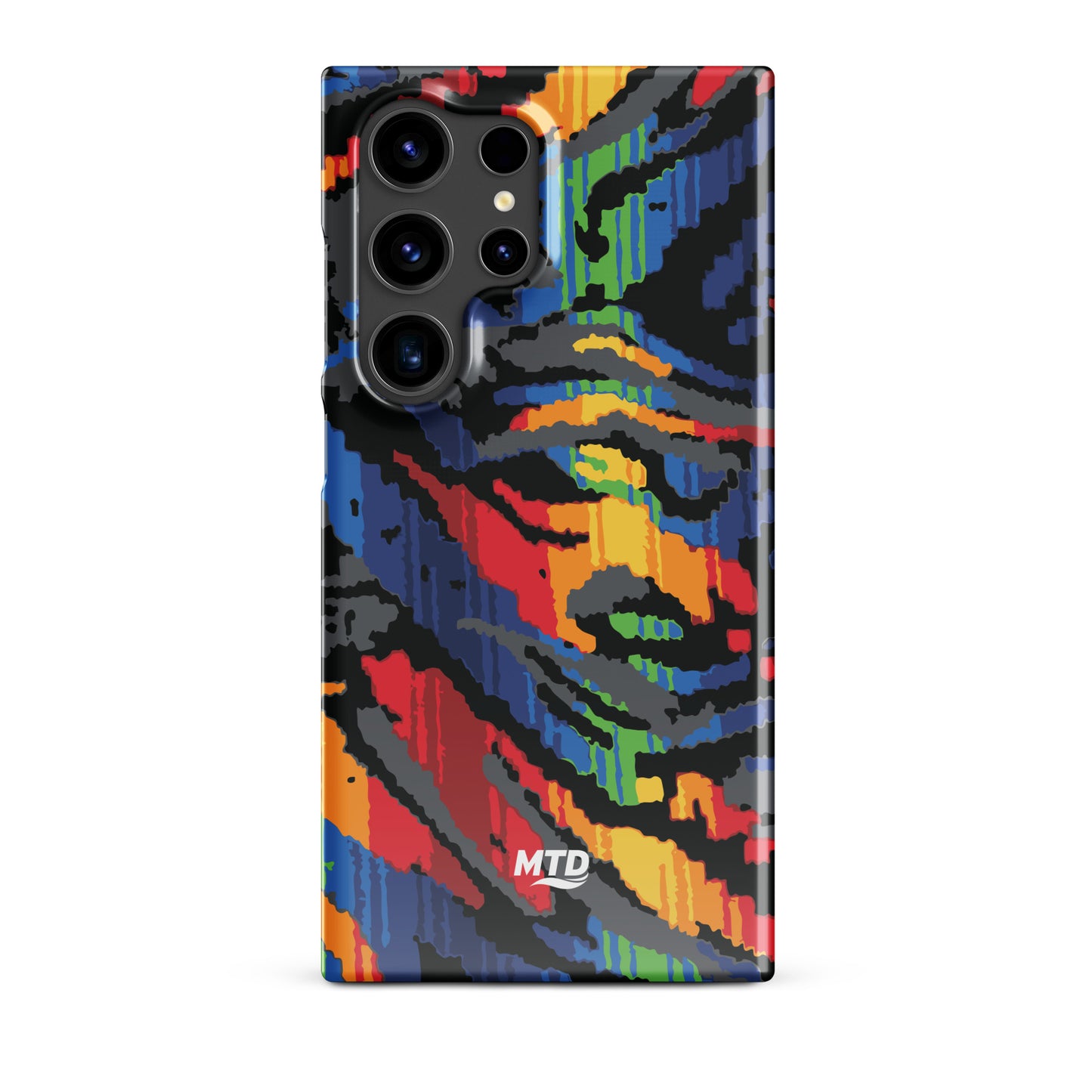 Phone case with colorful MTD bus seat pattern.