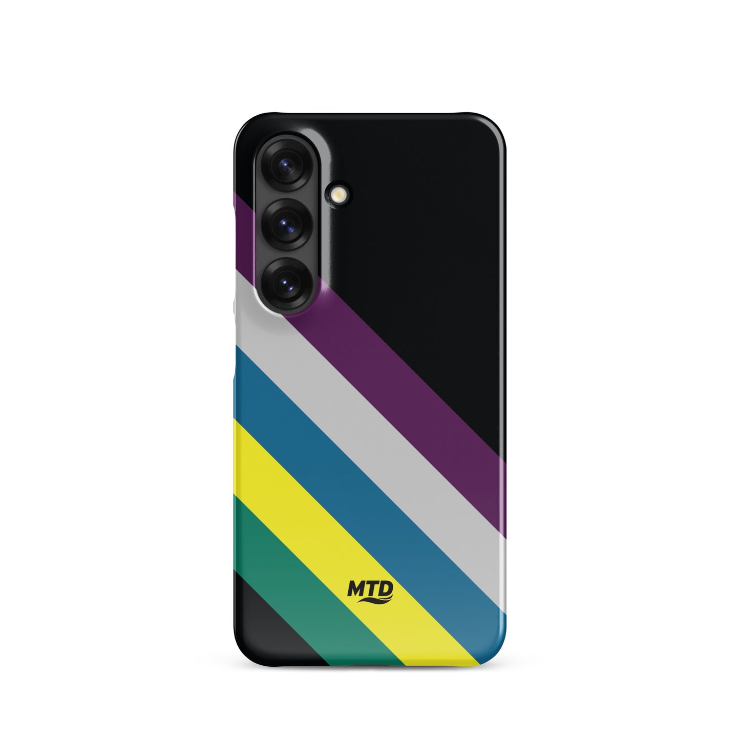 Black phone case with five colored lines running diagonally in the center.