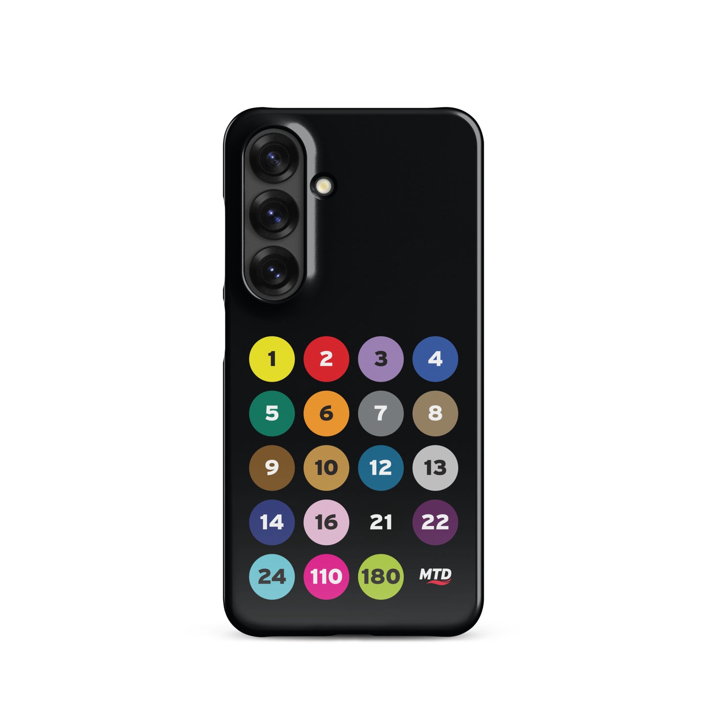 Black phone case with colorful circles and numbers representing MTD routes.